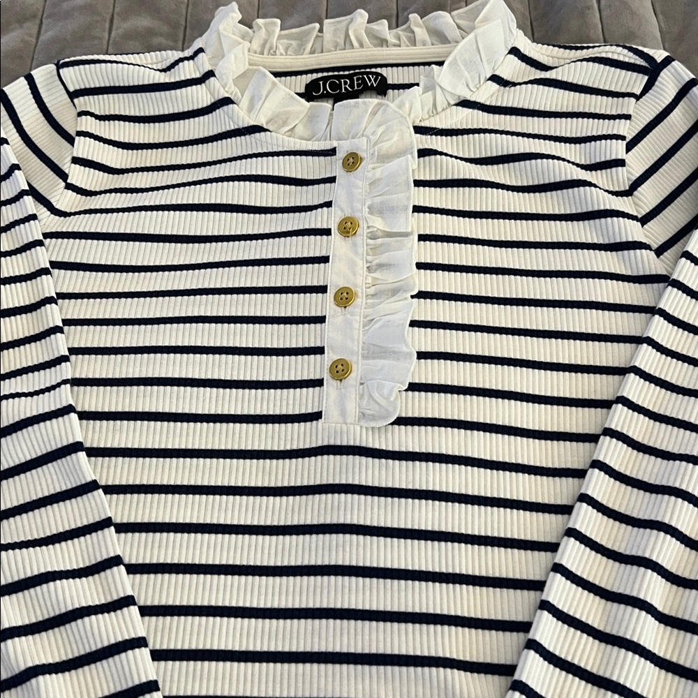 J.Crew Navy Ivory White Striped Ribbed Ruffle Henley Medium Spring Nautical Prep
